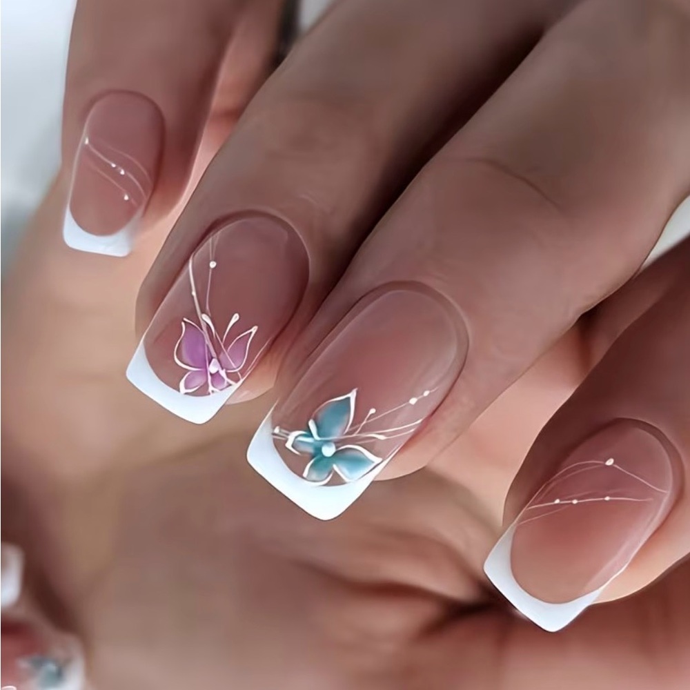 Elegant French Tip Press-On Nails with Butterfly Design